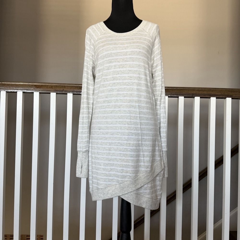 Athleta Stripe Criss Cross‎ Front Sweatshirt Dress Modal Grey White Stripe Small